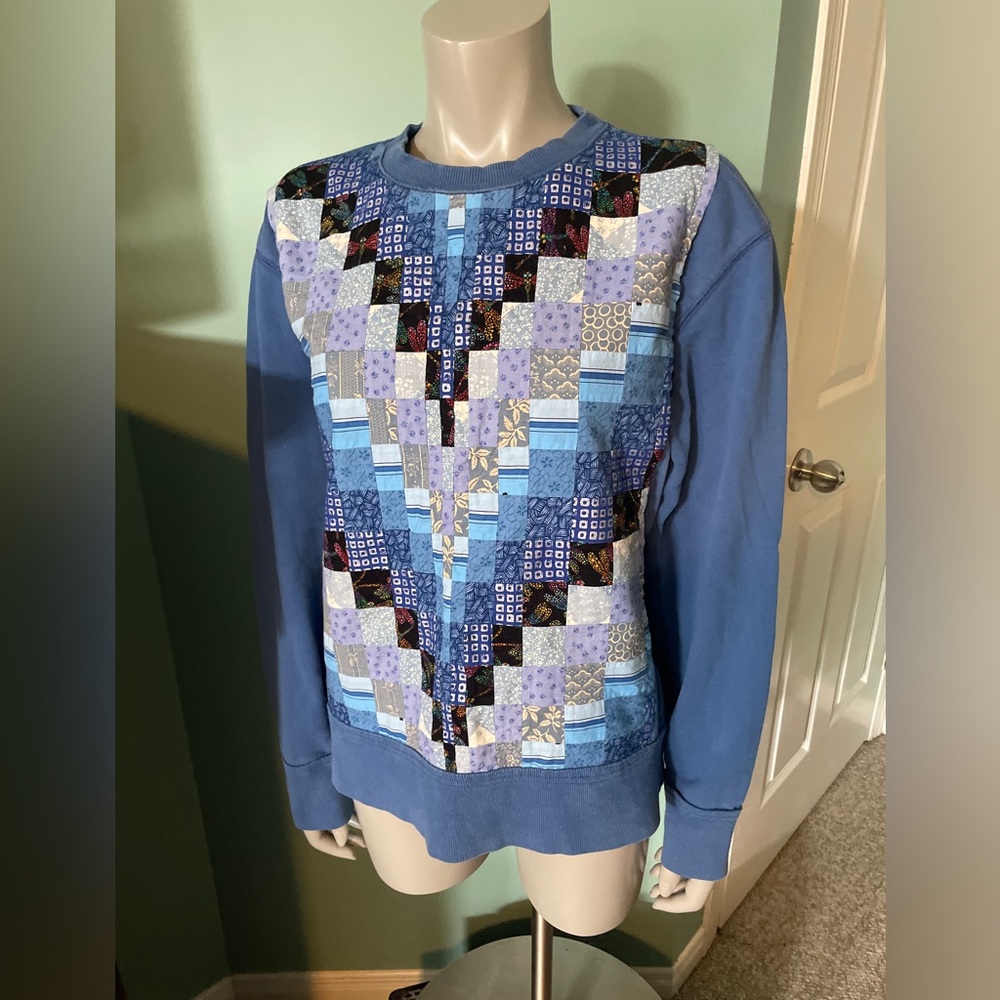 Blue Patchwork Quilted Panel Crewneck Sweater Ladies XL
